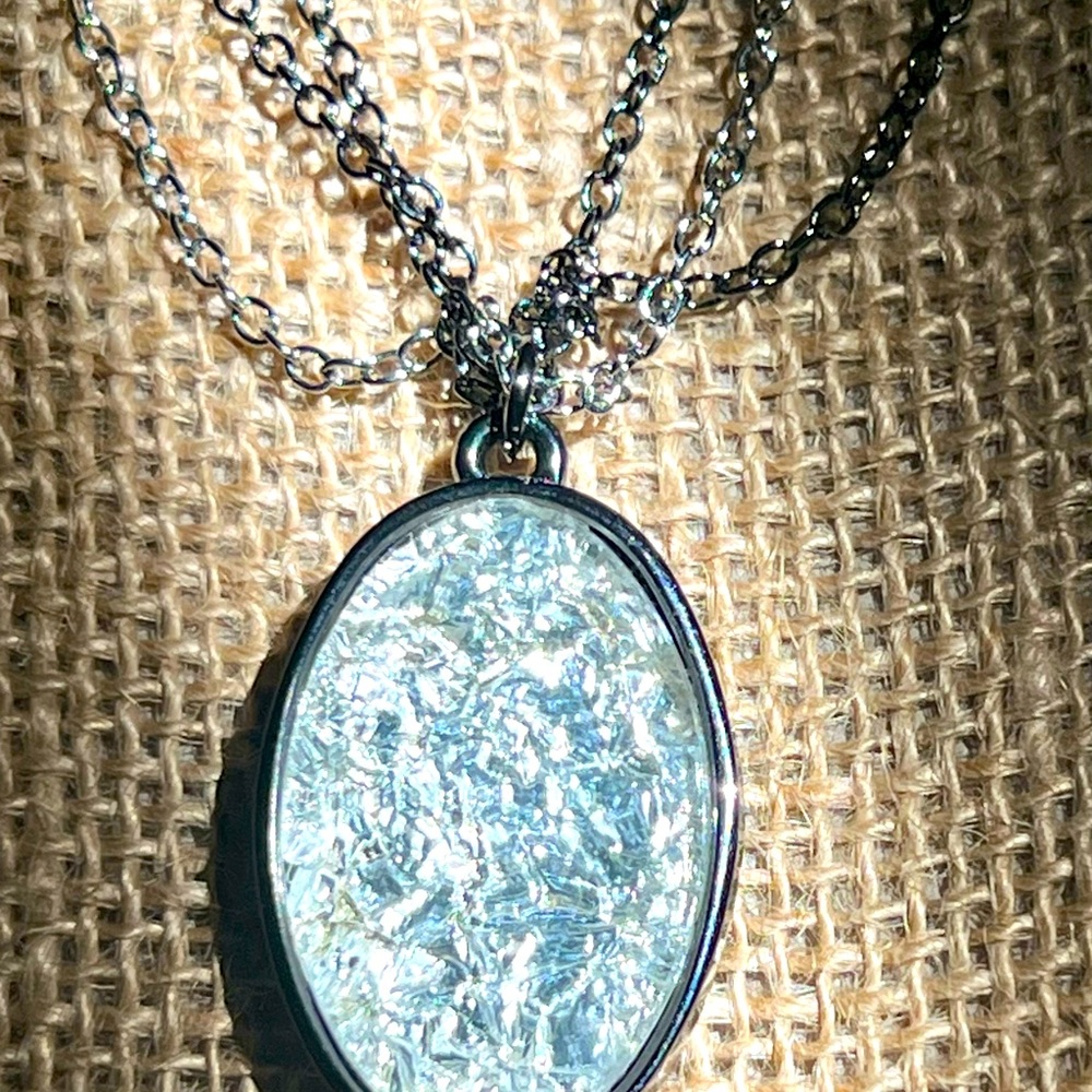 🩶Oval Crushed Foil Hematite & Silver 3 Chain Necklace by Cookie Lee